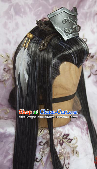 Chinese Traditional Hanfu Gray Wigs Sheath Cosplay Swordsman Shang Buhuan Hairpieces and Hairpins Ancient Taoist Priest Hair Accessories