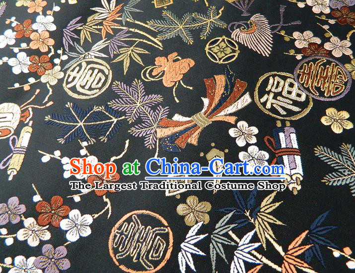 Japanese Traditional Longevity Pattern Black Brocade Belt Handmade Kimono Waistband Yukata Dress Hekoobi Accessories