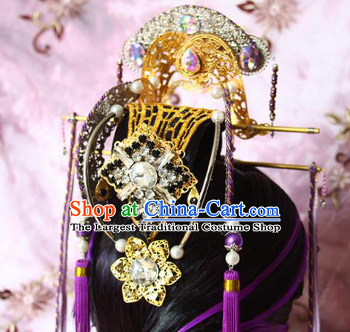 Chinese Ancient Taoist Priest Hair Accessories Traditional Hanfu Purple Wigs Sheath Cosplay Swordsman Liang Wuji Hairpieces and Hair Crown