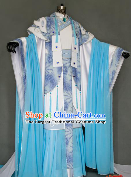 China Cosplay Immortal Hanfu Clothing Ancient Royal Highness Garment Costumes Traditional Puppet Show Swordsman Blue Uniforms