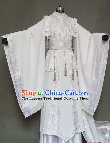China Ancient Young Knight Garment Costumes Traditional Puppet Show Swordsman Shi Yanwen White Uniforms Cosplay Noble Prince Hanfu Clothing