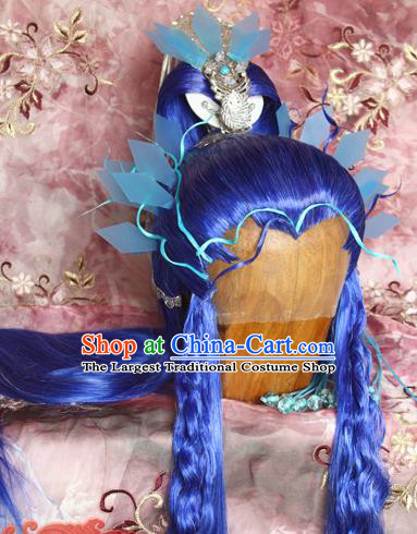 Chinese Cosplay Swordsman Yin Qiujun Hairpieces and Hair Crown Ancient Young Hero Hair Accessories Traditional Hanfu Blue Wigs Sheath
