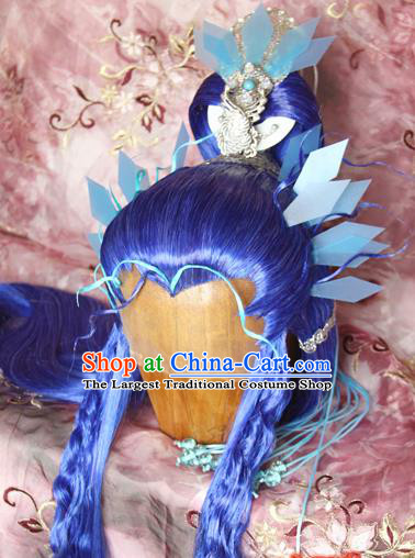 Chinese Cosplay Swordsman Yin Qiujun Hairpieces and Hair Crown Ancient Young Hero Hair Accessories Traditional Hanfu Blue Wigs Sheath