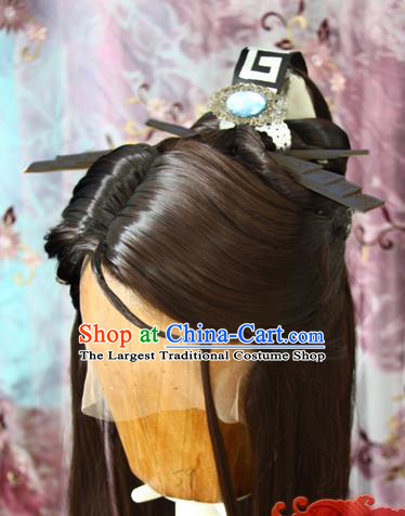 Chinese Cosplay Taoist Hairpieces and Hair Crown Ancient Swordsman Hair Accessories Traditional Hanfu Young Hero Wigs Sheath