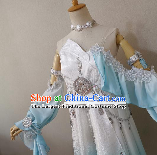 China Ancient Young Lady Light Blue Dress Outfits Traditional JX Online Clothing Cosplay Swordswoman Garment Costumes