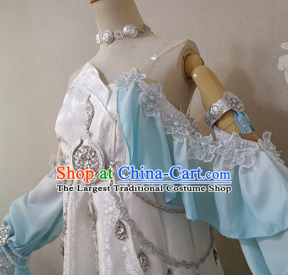 China Ancient Young Lady Light Blue Dress Outfits Traditional JX Online Clothing Cosplay Swordswoman Garment Costumes
