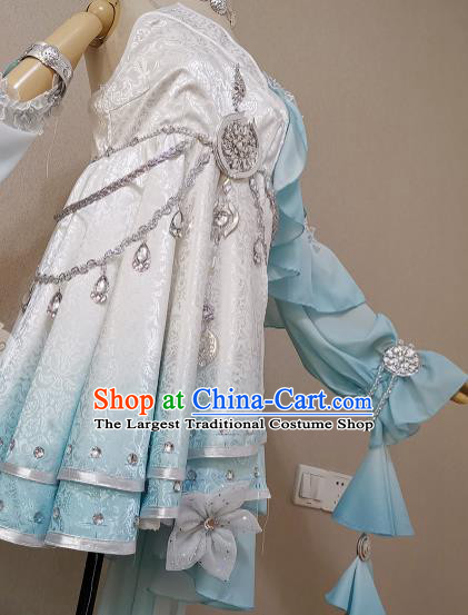 China Ancient Young Lady Light Blue Dress Outfits Traditional JX Online Clothing Cosplay Swordswoman Garment Costumes