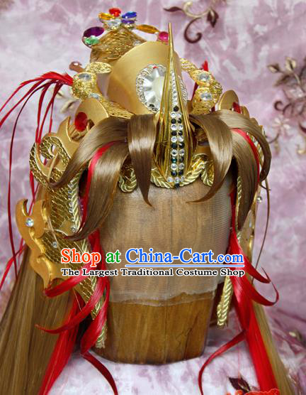 Chinese Ancient Warrior King Hair Accessories Traditional Hanfu General Golden Wigs Sheath Cosplay Swordsman Luo Hou Hairpieces and Hat