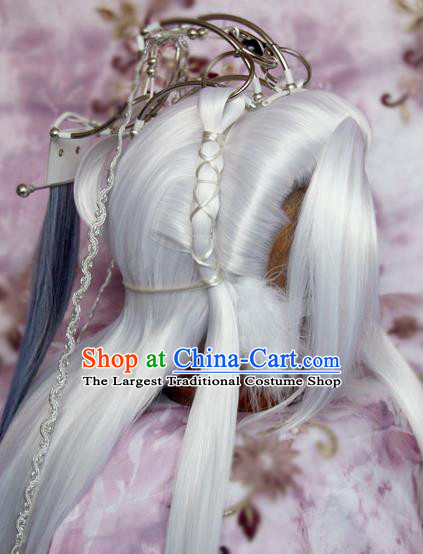 Chinese Cosplay Taoism Immortal Hairpieces and Hair Crown Ancient Elderly Swordsman Hair Accessories Traditional Hanfu Taoist Priest White Wigs Sheath