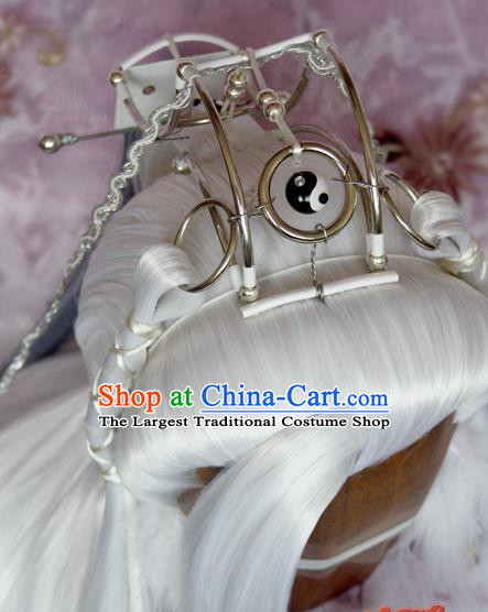 Chinese Cosplay Taoism Immortal Hairpieces and Hair Crown Ancient Elderly Swordsman Hair Accessories Traditional Hanfu Taoist Priest White Wigs Sheath