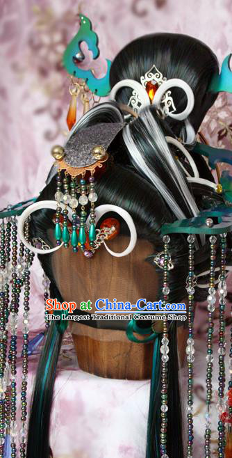 Chinese Traditional Puppet Show Peacock Princess Hair Accessories Cosplay Empress Headdress Ancient Queen Wigs and Hairpins Headpieces