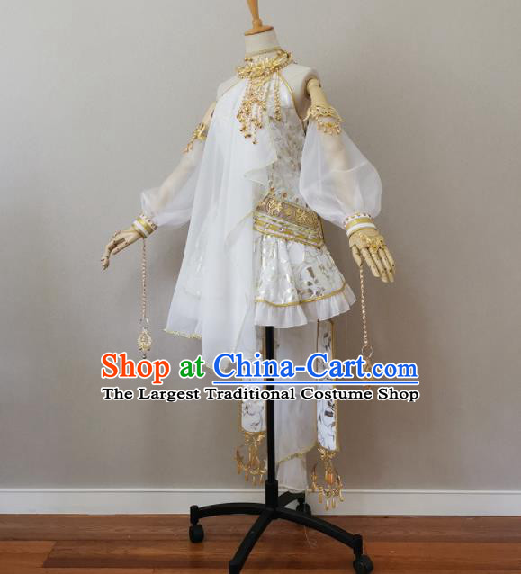 China Ancient Young Lady White Short Dress Outfits Traditional JX Online Female Swordsman Clothing Cosplay Fairy Garment Costumes