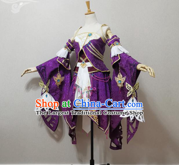 China Cosplay Fairy Garment Costumes Ancient Young Lady Purple Dress Outfits Traditional JX Online Female Swordsman Clothing