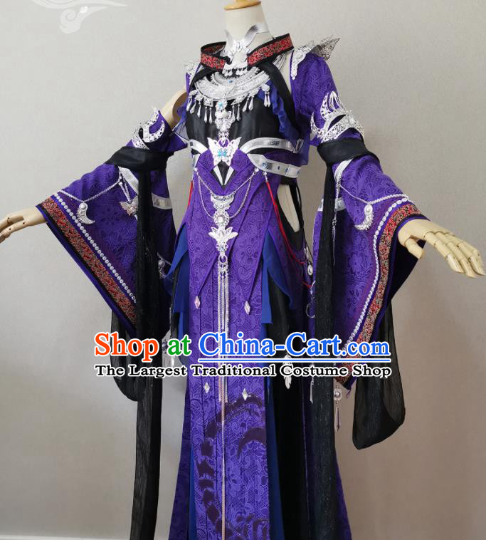 China Cosplay Heroine Garment Costumes Ancient Fairy Queen Purple Dress Outfits Traditional JX Online Swordswoman Clothing