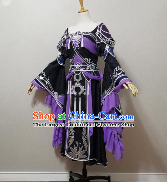 China Traditional JX Online Swordswoman Clothing Cosplay Heroine Garment Costumes Ancient Young Lady Black Dress Outfits