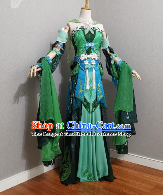 Professional Cosplay Swordswoman Garment Costumes Ancient Fairy Green Dress Outfits Traditional Game Role Clothing