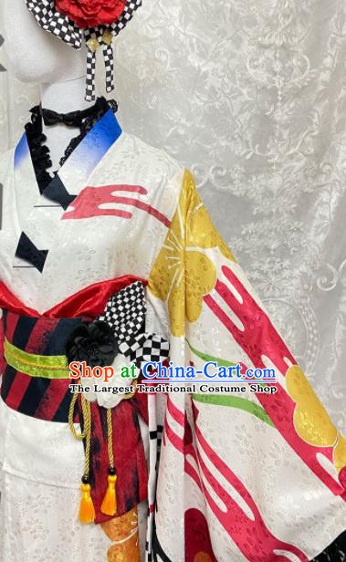 Professional Japanese Young Lady Garment Costumes Classical White Silk Yukata Dress Traditional Summer Festival Kimono Clothing