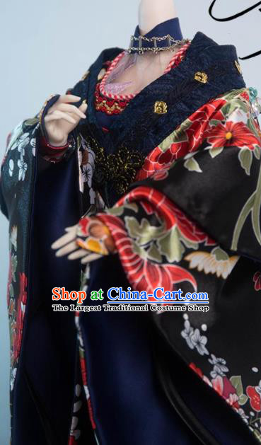 China Ancient Queen Black Dress Outfits Traditional Puppet Show Court Beauty Hanfu Clothing Cosplay Empress Garment Costumes
