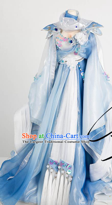 China Traditional Puppet Show Princess Jin Yanxia Hanfu Clothing Cosplay Swordswoman Garment Costumes Ancient Goddess Blue Dress Outfits