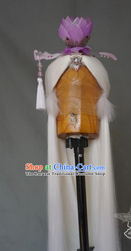 China Traditional Puppet Show Su Huanzhen Hair Accessories Cosplay Swordswoman Headdress Ancient Taoist Nun White Wigs and Lotus Headpieces