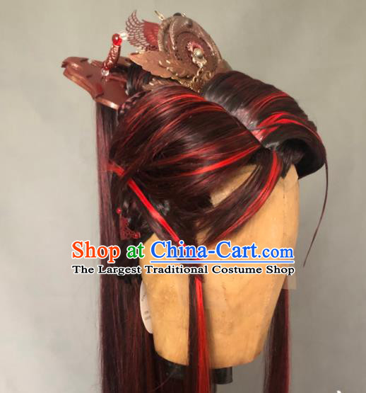 Chinese Handmade Ancient Royal King Headdress Cosplay Monarch Red Wigs and Hair Crown Traditional Puppet Show Swordsman Hairpieces