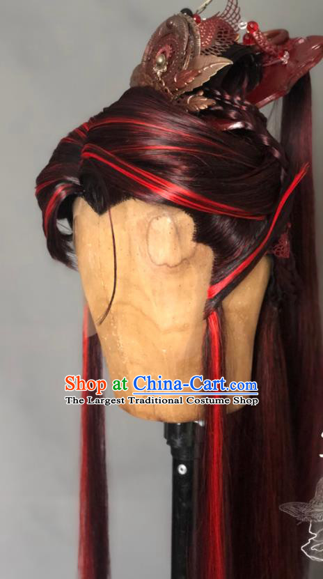 Chinese Handmade Ancient Royal King Headdress Cosplay Monarch Red Wigs and Hair Crown Traditional Puppet Show Swordsman Hairpieces