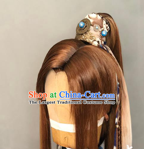 Chinese Handmade Ancient Young Hero Headdress Cosplay Knight Yellow Wigs and Hair Crown Traditional Puppet Show Swordsman Feng Xiaoyao Hairpieces
