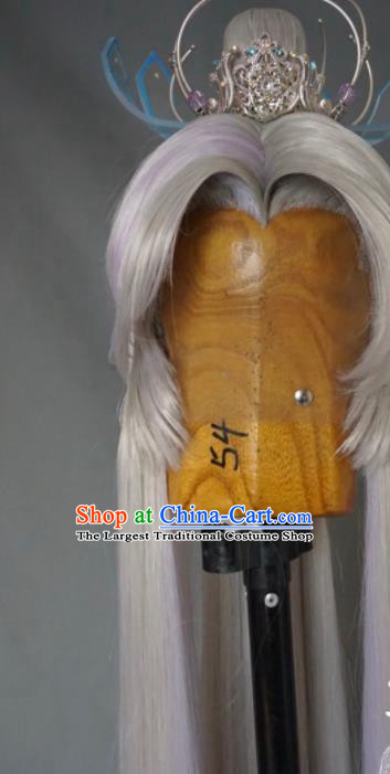 Chinese Traditional Puppet Show Swordsman Ren Piaomiao Hairpieces Handmade Ancient Elderly Male Headdress Cosplay Taoist Priest White Wigs and Hair Crown