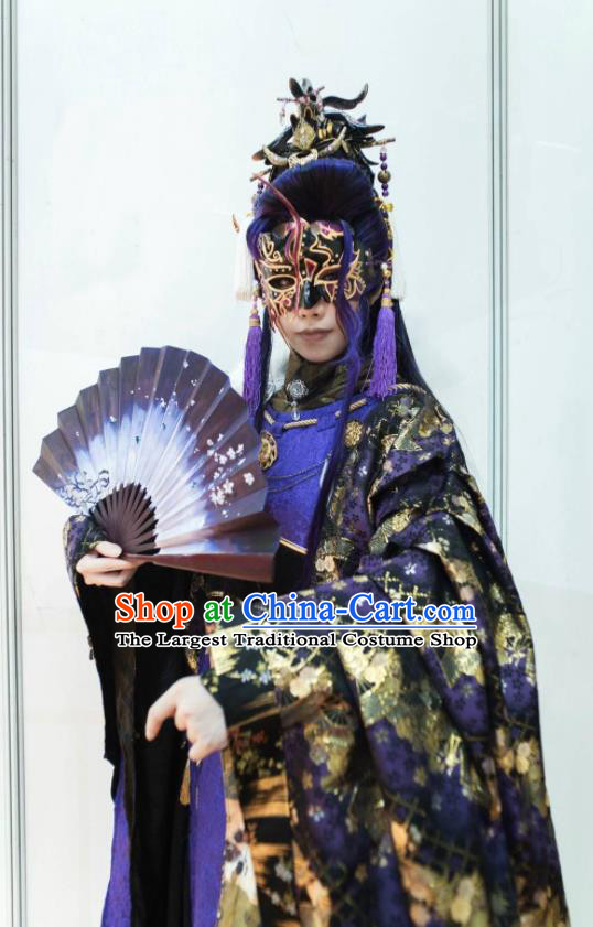 Chinese Ancient Young Hero Purple Uniforms Traditional Puppet Show King Garment Costumes Cosplay Swordsman Clothing