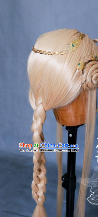China Ancient Princess Light Golden Wigs and Headpieces Traditional Puppet Show Fairy Queen Xiang Ling Hair Accessories Cosplay Swordswoman Headdress