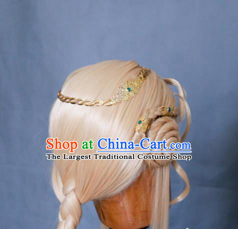 China Ancient Princess Light Golden Wigs and Headpieces Traditional Puppet Show Fairy Queen Xiang Ling Hair Accessories Cosplay Swordswoman Headdress