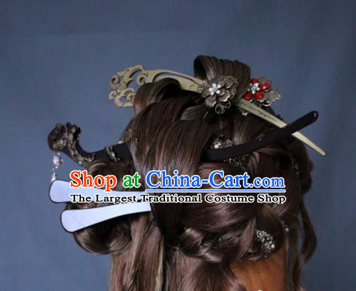 China Cosplay Swordswoman Headdress Ancient Fairy Brown Wigs and Hairpins Headpieces Traditional Puppet Show Cui Luohan Hair Accessories