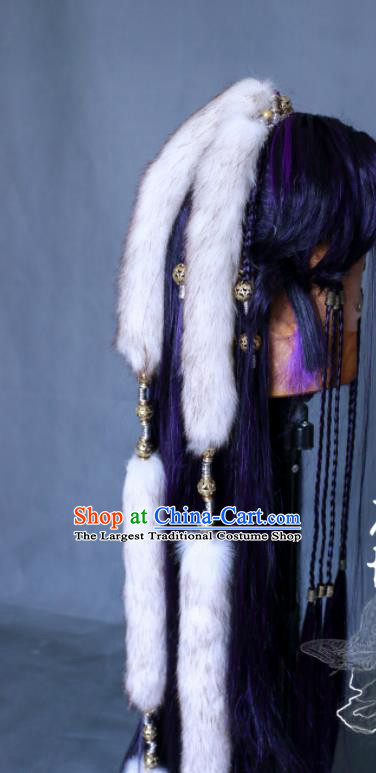 Chinese Cosplay Wolf Prince Purple Wigs and Hair Crown Traditional Puppet Show Hunter Hairpieces Handmade Ancient Swordsman Headdress