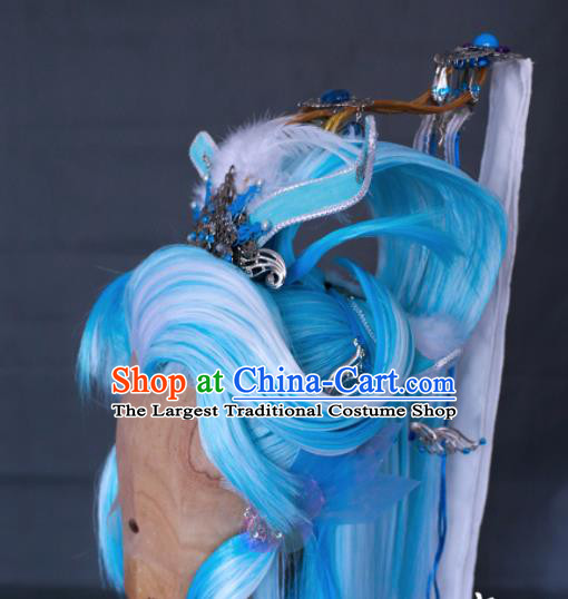Chinese Handmade Ancient Taoist Priest Headdress Cosplay Swordsman Blue Wigs and Hair Crown Traditional Puppet Show Dragon King Hairpieces