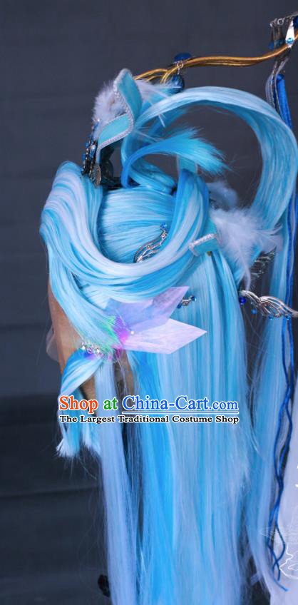 Chinese Handmade Ancient Taoist Priest Headdress Cosplay Swordsman Blue Wigs and Hair Crown Traditional Puppet Show Dragon King Hairpieces