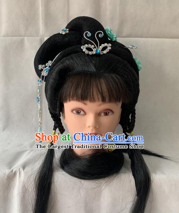 Chinese Traditional Opera Young Lady Headdress Beijing Opera Fairy Wigs and Hairpins Hairpieces Peking Opera Hua Tan Hair Accessories