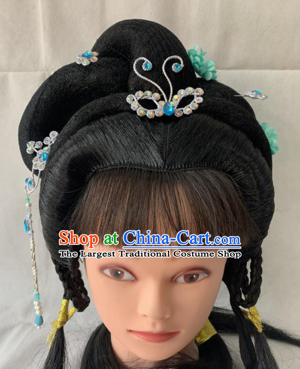 Chinese Traditional Opera Young Lady Headdress Beijing Opera Fairy Wigs and Hairpins Hairpieces Peking Opera Hua Tan Hair Accessories