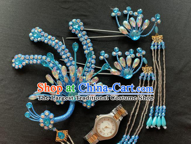 Chinese Peking Opera Hua Tan Hair Accessories Traditional Opera Diva Headpieces Beijing Opera Noble Lady Blue Phoenix Hair Crown and Hairpins