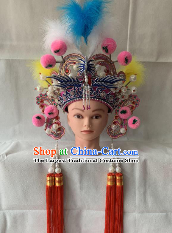 Chinese Beijing Opera Blues Feather Hat Peking Opera Swordswoman Pink Phoenix Helmet Traditional Opera Female General Headdress