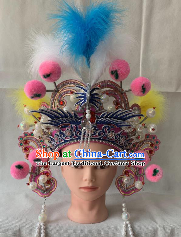 Chinese Beijing Opera Blues Feather Hat Peking Opera Swordswoman Pink Phoenix Helmet Traditional Opera Female General Headdress
