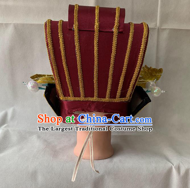 Handmade China Ancient Prime Minister Helmet Headdress Peking Opera Laosheng Wine Red Hat Beijing Opera Official Headwear