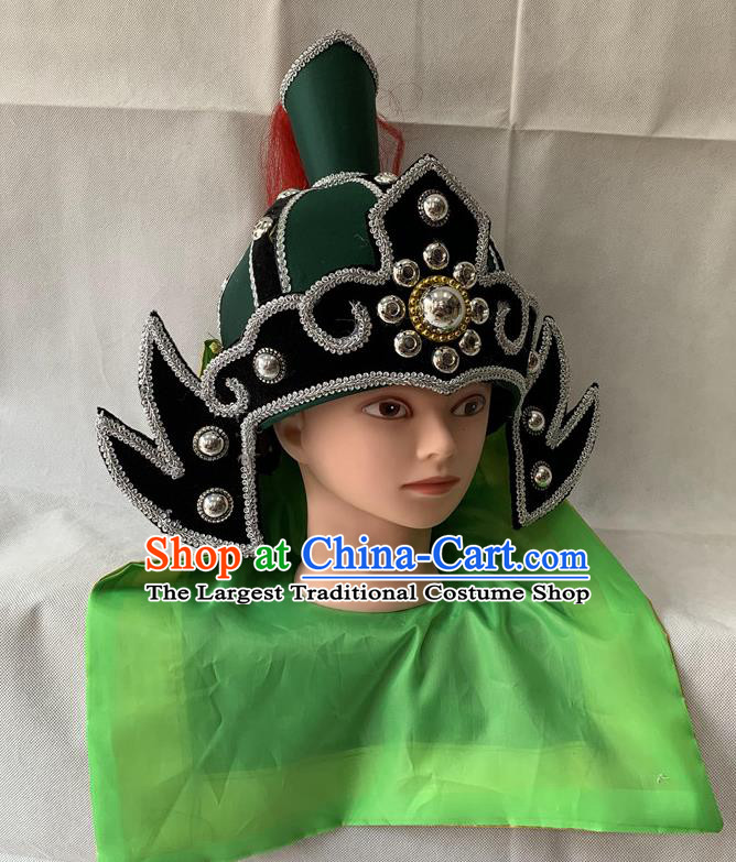 Handmade China Ancient General Green Helmet Headdress Peking Opera Wusheng Hat Beijing Opera Warrior Headwear
