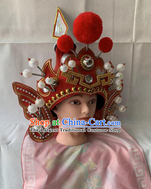 Handmade China Beijing Opera Warrior Headwear Ancient General Red Helmet Headdress Peking Opera Wusheng Hat