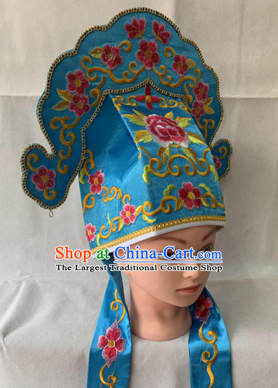 Handmade China Peking Opera Xiaosheng Embroidered Blue Hat Beijing Opera Niche Headwear Ancient Scholar Helmet Headdress