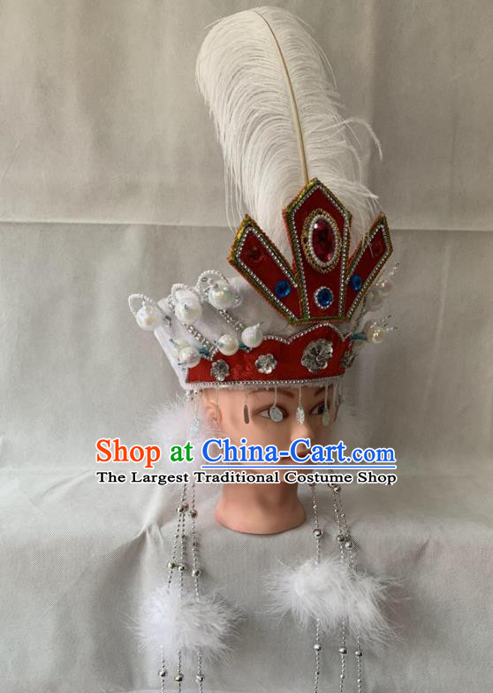 Chinese Traditional Opera Princess Headdress Beijing Opera Hua Tan Red Hat Peking Opera Diva Feather Hair Accessories