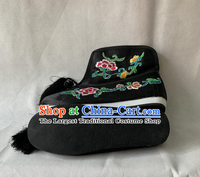 Chinese Beijing Opera Blues Shoes Peking Opera Swordswoman Black Boots Traditional Opera Female Warrior Embroidered Shoes