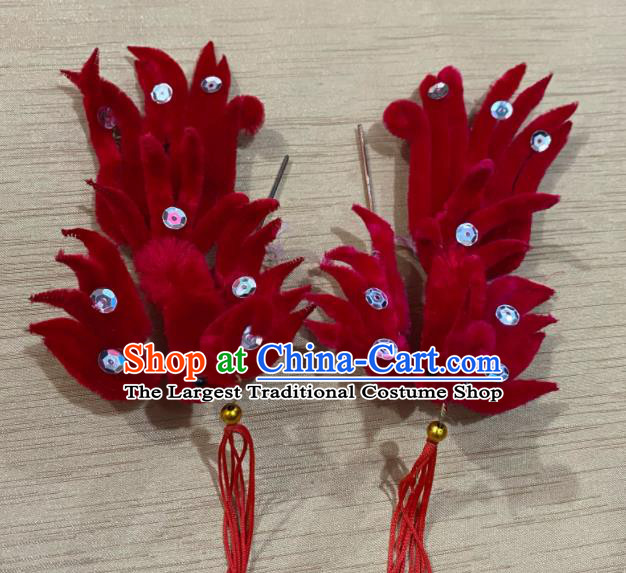 Chinese Traditional Opera Diva Red Velvet Phoenix Hairpin Beijing Opera Hua Tan Hair Accessories Peking Opera Empress Hair Stick