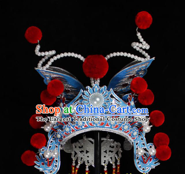 Chinese Traditional Opera Swordswoman Helmet Beijing Opera Wudan Hair Accessories Peking Opera Blues Phoenix Coronet