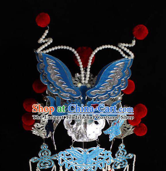 Chinese Traditional Opera Swordswoman Helmet Beijing Opera Wudan Hair Accessories Peking Opera Blues Phoenix Coronet