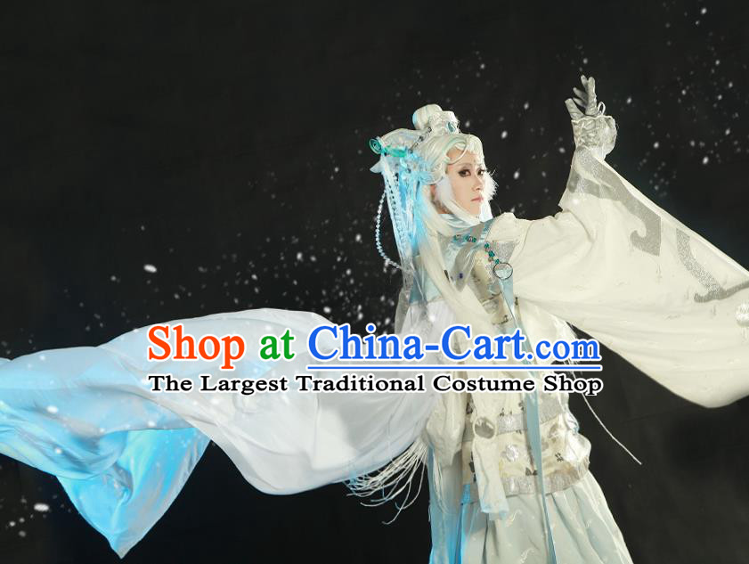 Chinese Traditional Cosplay Swordsman Clothing Puppet Show Yuan Wuxiang Garment Costumes Ancient Taoist Priest White Uniforms and Hairpieces